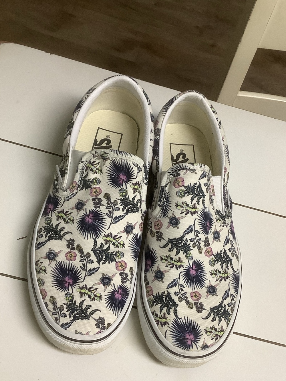 Vans Women's Slip-On Canvas Sneakers — White with Purple Navy Floral Print